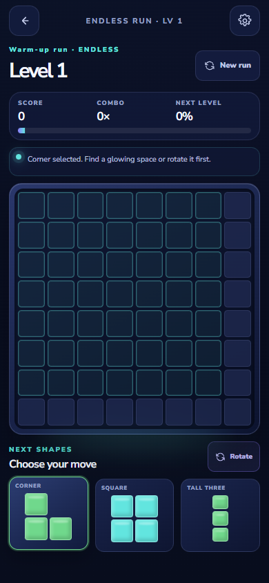 Block Blast 8 by 8 board with three shapes ready to place