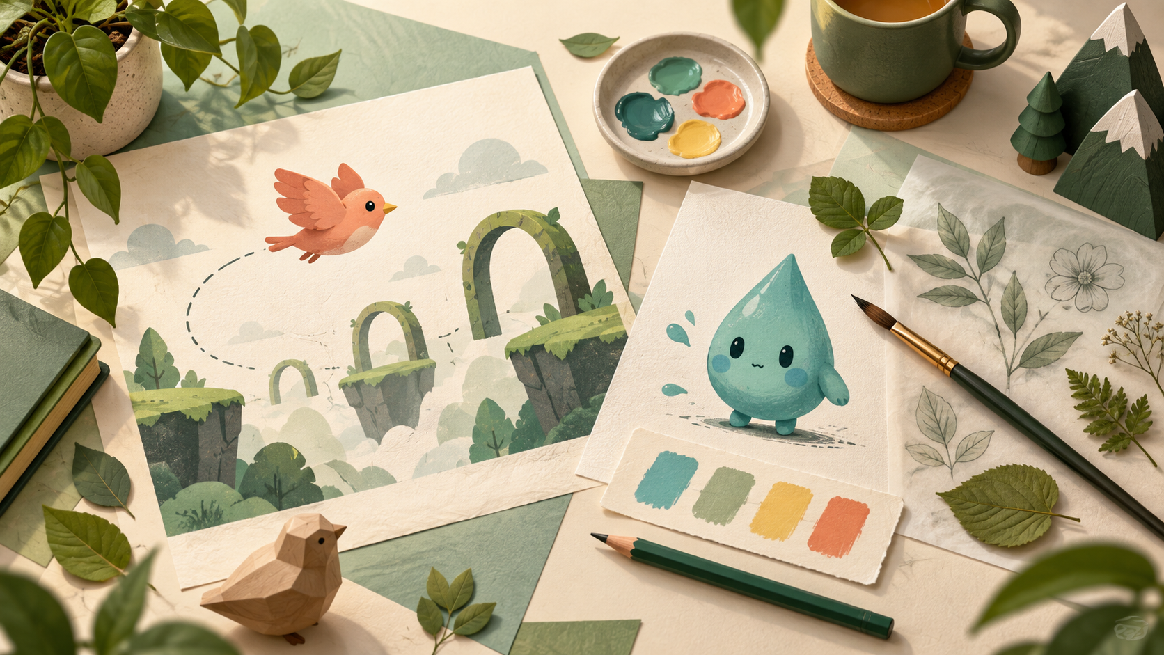 Creative workbench with flight sketches, botanical tracing materials, and color swatches