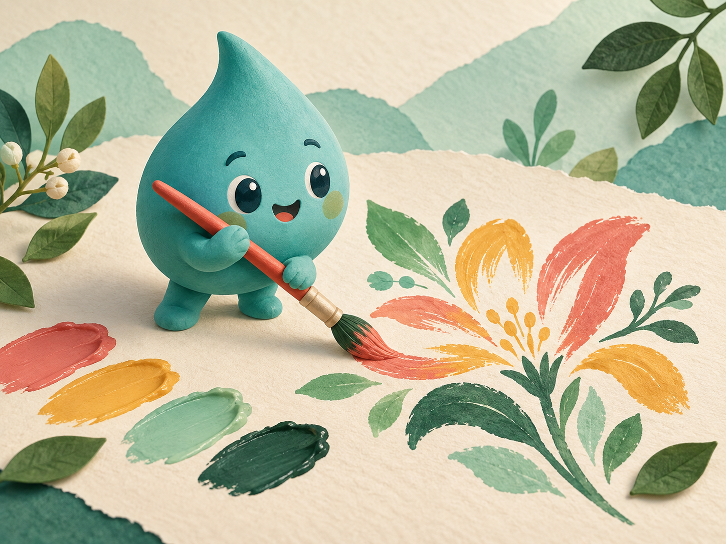 Doodle Bloom artwork showing a teal mascot painting a botanical bloom