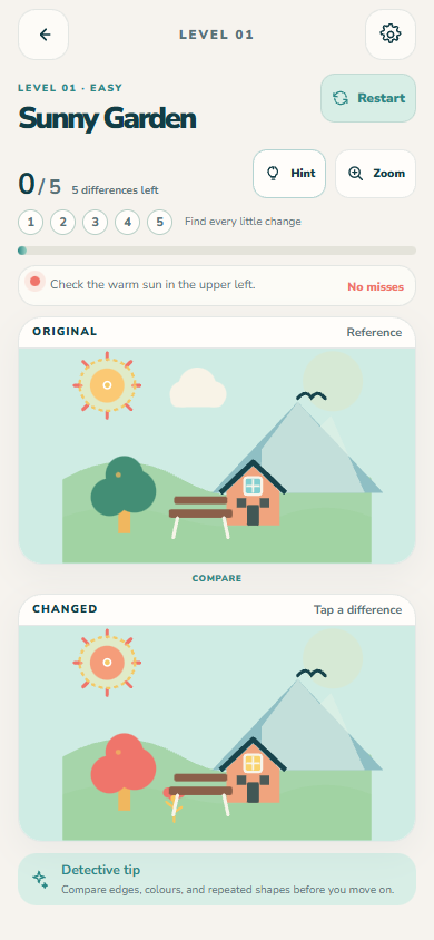 Find the Difference level with two illustrated garden scenes to compare