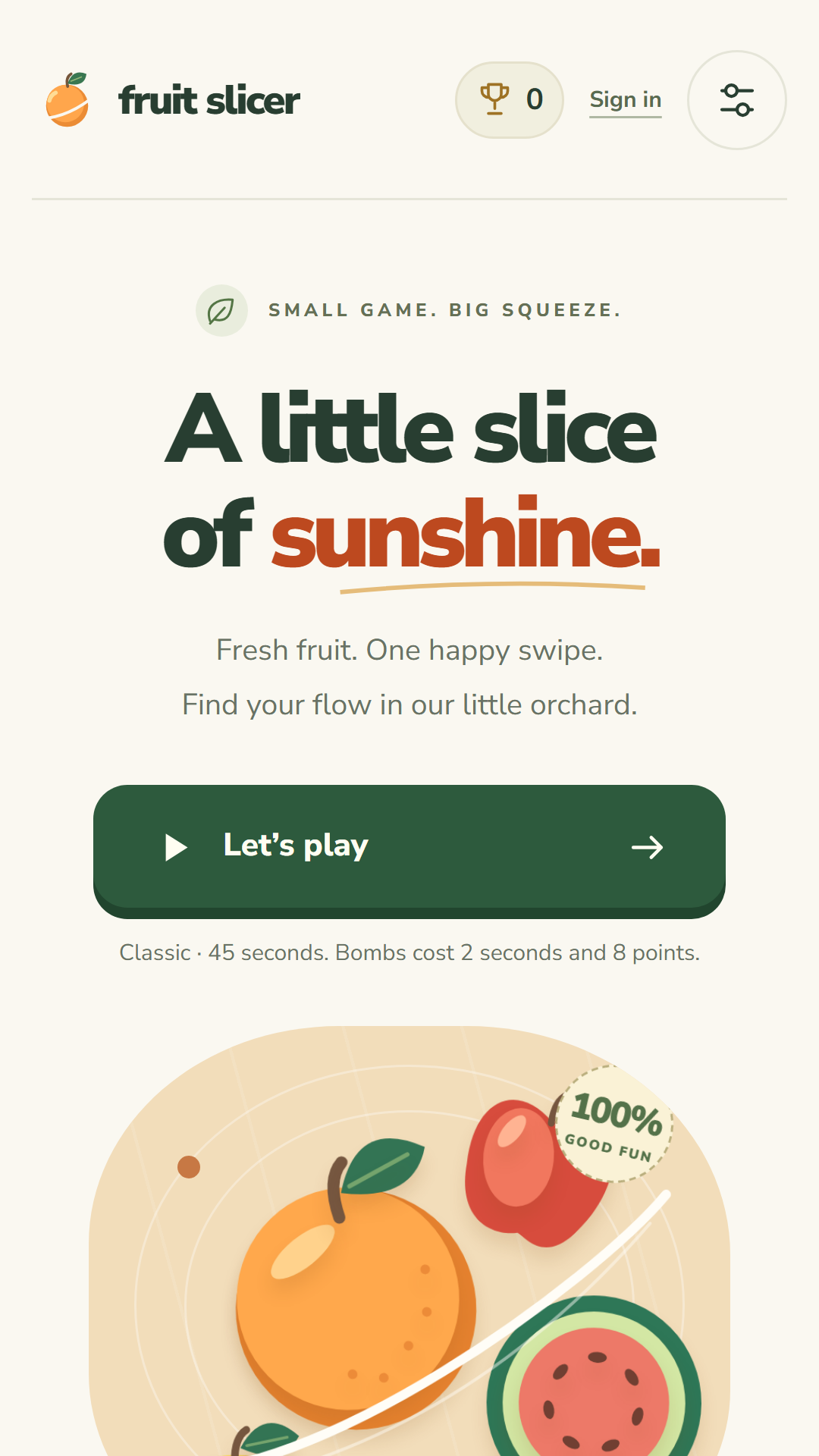 Fruit Slicer home screen with illustrated fruit and a play button