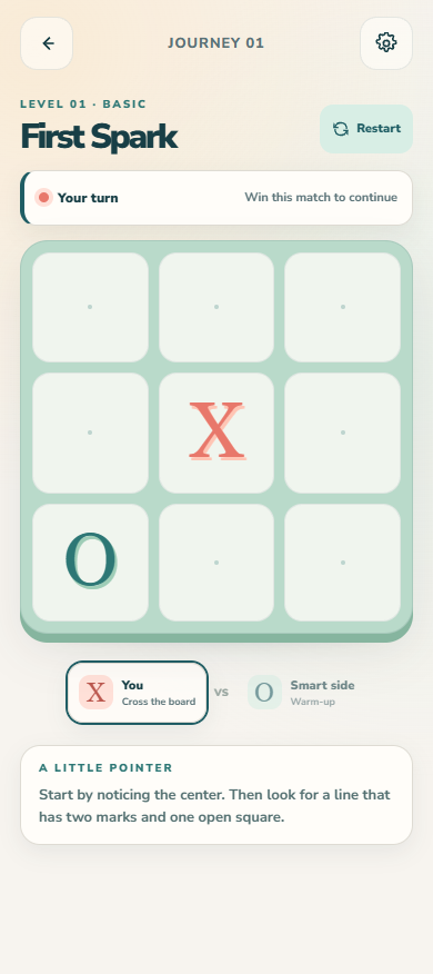 Tic Tac Toe journey level on a three by three game board